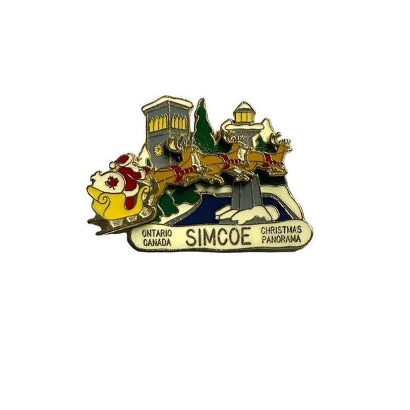 Simcoe Ontario Canada Christmas Panorama Enamel Pin Santa Reindeer - Picture 1 of 5